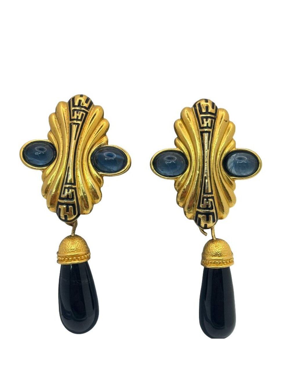 Runway Fendi Gold-Tone Drop Earrings Blue Black Clip-On 1980s Vintage Etrustcan